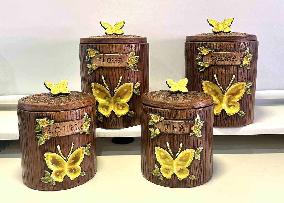Vtg Treasure Craft Butterfly Canister Set Of 4 -3D-Flour Sugar