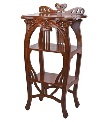 PALAZZO INT Scaffale consolle legno mogano stile liberty piani lirata colonna fiori scaffale spartiti