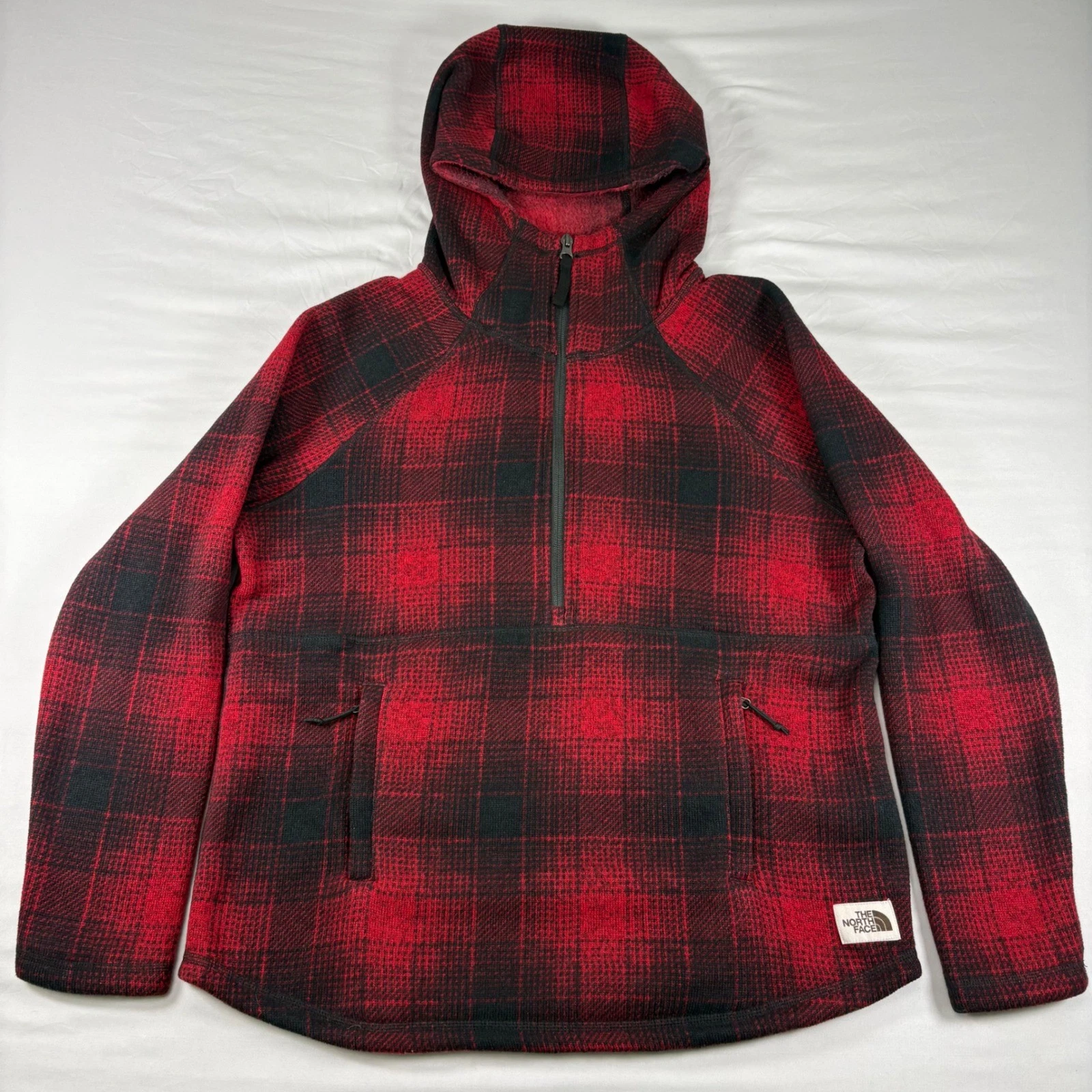 The North Face Fleece Hoodie Womens L Red Black Plaid Quarter Zip Pullover
