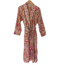 Womens Vintage Long Satin Robe Pink Floral Wrap Long Sleeves 90s Kathryn Medium