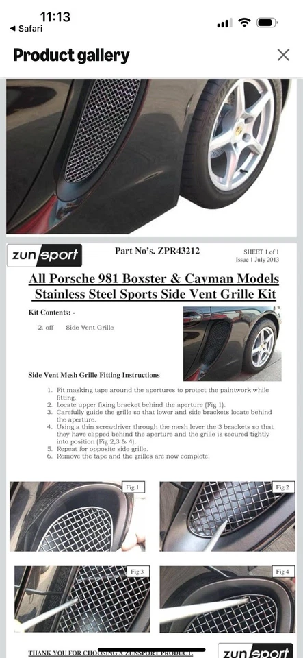 Zunsport Porsche Cayman/Boxster 981 (All) - Side Vents Grill Set - Race Mesh - Image 2 of 3