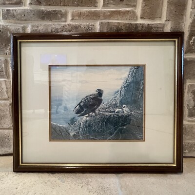 Vintage Lissa Calvert Sanctuary Gold Eagle Nest Art Print 22x18 Inch Framed