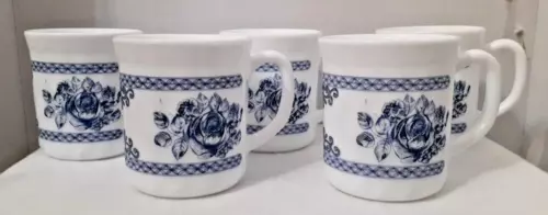 5 Arcopal France Honorine Coffee Cup Mug Blue & White Floral Roses Milk Glass