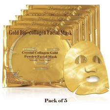 24K Gold Premium Bio Collagen Face Mask - Nourishes Firms & Hydrates - 5 Pack