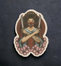 Japanese Geisha Woman Cherry Blossom Flowers Katana Oni Mask Sticker