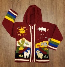 Child's Arpillera Handmade Peruvian Wool Sweater - Burgundy - 18m