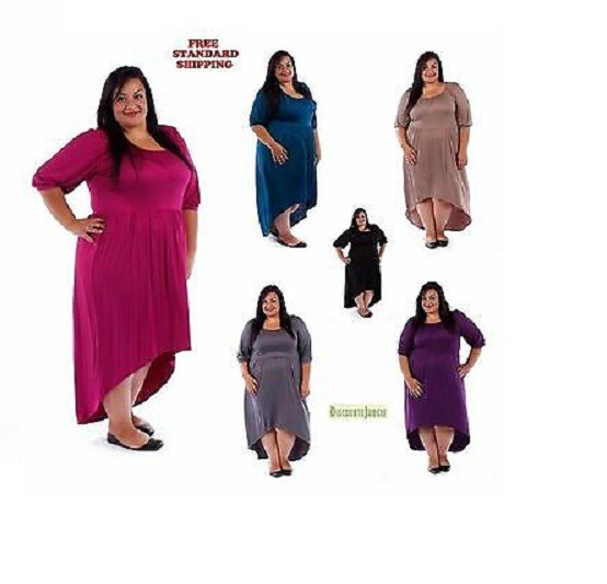YUMMY Plus Size Women's 3/4 Sleeve SOLID COLOR High-low Irregular Casual  Dress