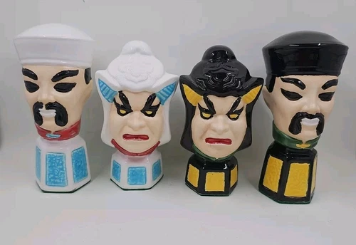 4 Chinese Ceramic Faces On Base Collectible Chinese Faces Balck/ White Man Woman