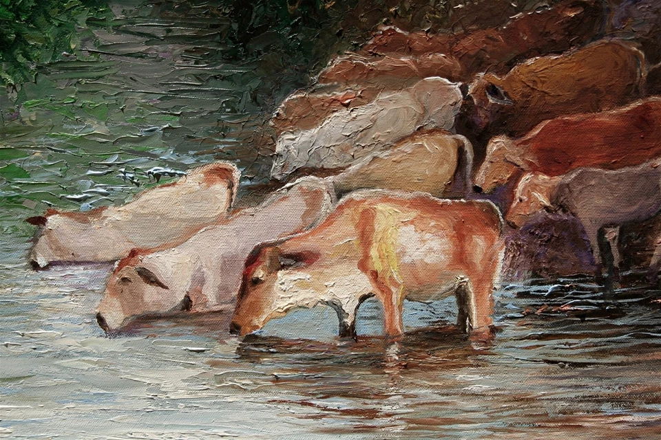 ANDRE DLUHOS Vacas Occidentales Rebaño Rancho Animales de Agua Arte Original Pintura al Óleo Foto 2 de 4