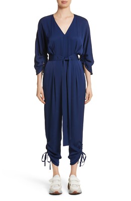 STELLA MCCARTNEY Sapphire Drawstring Tie Belted Silk Cady Jumpsuit