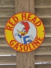 VINTAGE  RED HEAD GASOLINE PORCELAIN WOODY WOODPECKER GAS OIL SIGN 12"