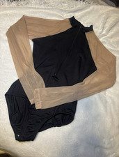 Women s Black Solid Leotard Nude/Beige Sheer Mesh Long Sleeves Nylon