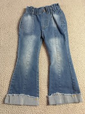 SHEIN Girls Denim Flare Jeans Blue Distressed Raw Hem Stretch Kids Pants Size 5Y
