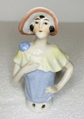 1930's German Half Doll Porcelain Pin Cushion Dresser Top Flapper Doll Vintage