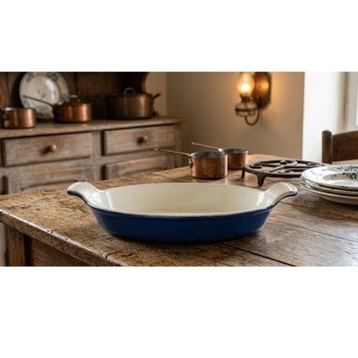 Vintage Blue Enameled Cast Iron Oval Gratin Baking Dish with Scalloped Handles