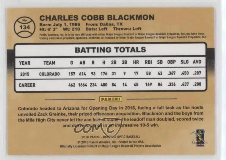 2016 Panini Donruss Optic Charlie Blackmon #134 - Image 2 of 2
