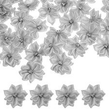 100 Pack Satin Ribbon Flowers 1.2 Inch Mini Fabric Flowers Rhinestones Lt Gray
