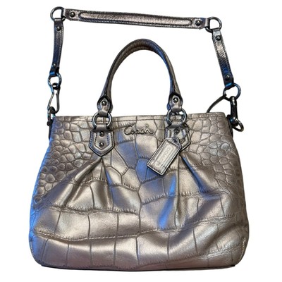 Coach Ashley Croc Embossed Pewter Leather Shoulder Bag Silver 
