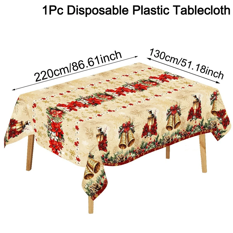 Christmas Disposable Tablecloth Gold Bells & Poinsettias 87"×51" New  - Image 3 of 3