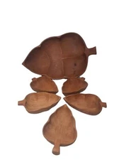MCM Mid Century Vintage Wooden Bowls Salad Set Leaf Leaves Acorn 6 piece