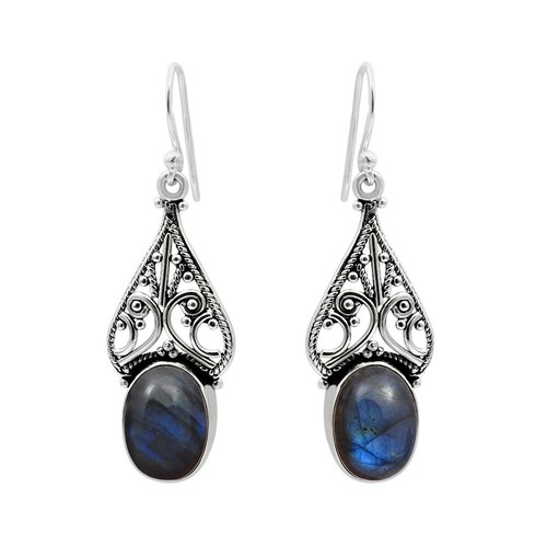 Orecchini Pendenti In Labradorite Ovale Con Incastonatura In Argento Sterling - Foto 3 di 8