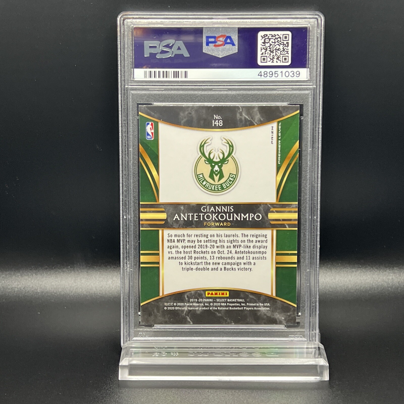 2019 Panini Select #148 Scope Prizm Premier Level Giannis Antetokounmpo PSA 9 view 2