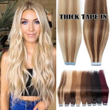 Tape In Remy Human Hair Skin Weft Extension Full Head Balayage 10-60pcs Straight