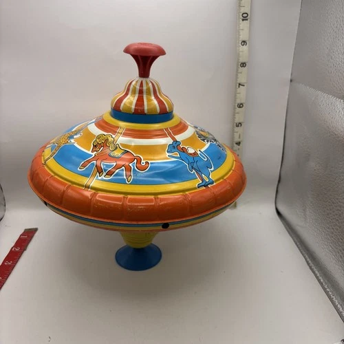 Vintage Bryan Ohio Art Tin Toy Spinning Top 9" Carousel Merry Go Round 1960's