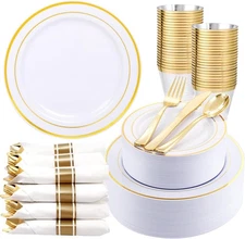 350Piece Gold Dinnerware Set for 50 Guests - Gold Plastic Plates with Disposable
