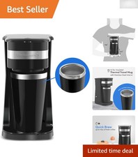 Sleek Single-Serve Coffee Brewer with Reusable Filter - 14oz Travel Mug Included