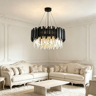Luxury E14 Crystal Black Round 55cm Pendant Chandelier Ceiling Light