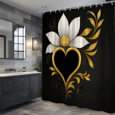 Stylish Black Shower Curtain with White Floral Heart Design