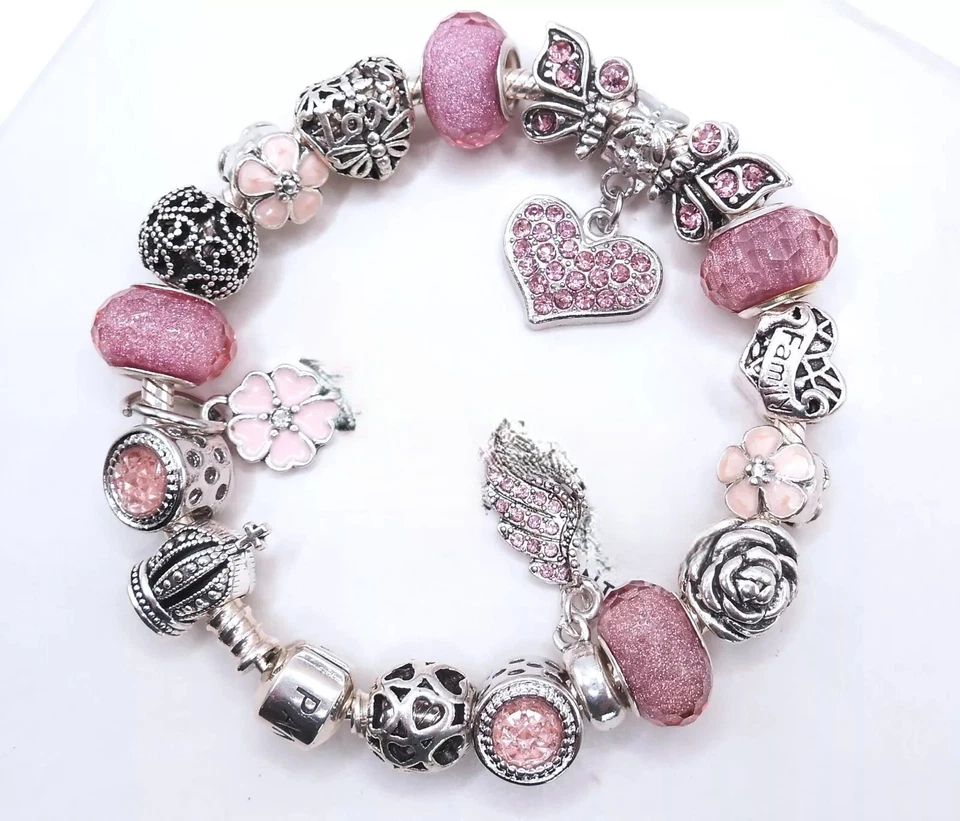 PANDORA SILVER CHARM BRACELET AND PINK CRYSTAL CHARMS & GIFT BOX! - Image 3 of 4