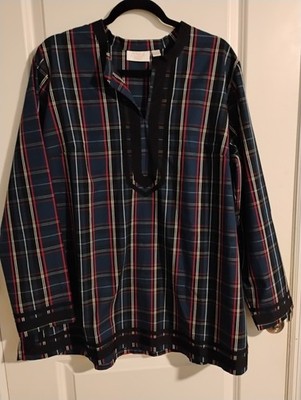 Women's JINGLE BELLES by Kim Gravel  LS V-neck, Navy Plaid, Blouse 16,  XL