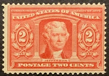 US Stamps #324 MH OG, 2 cent Louisiana Purchase Expo Jefferson SCV $22.50