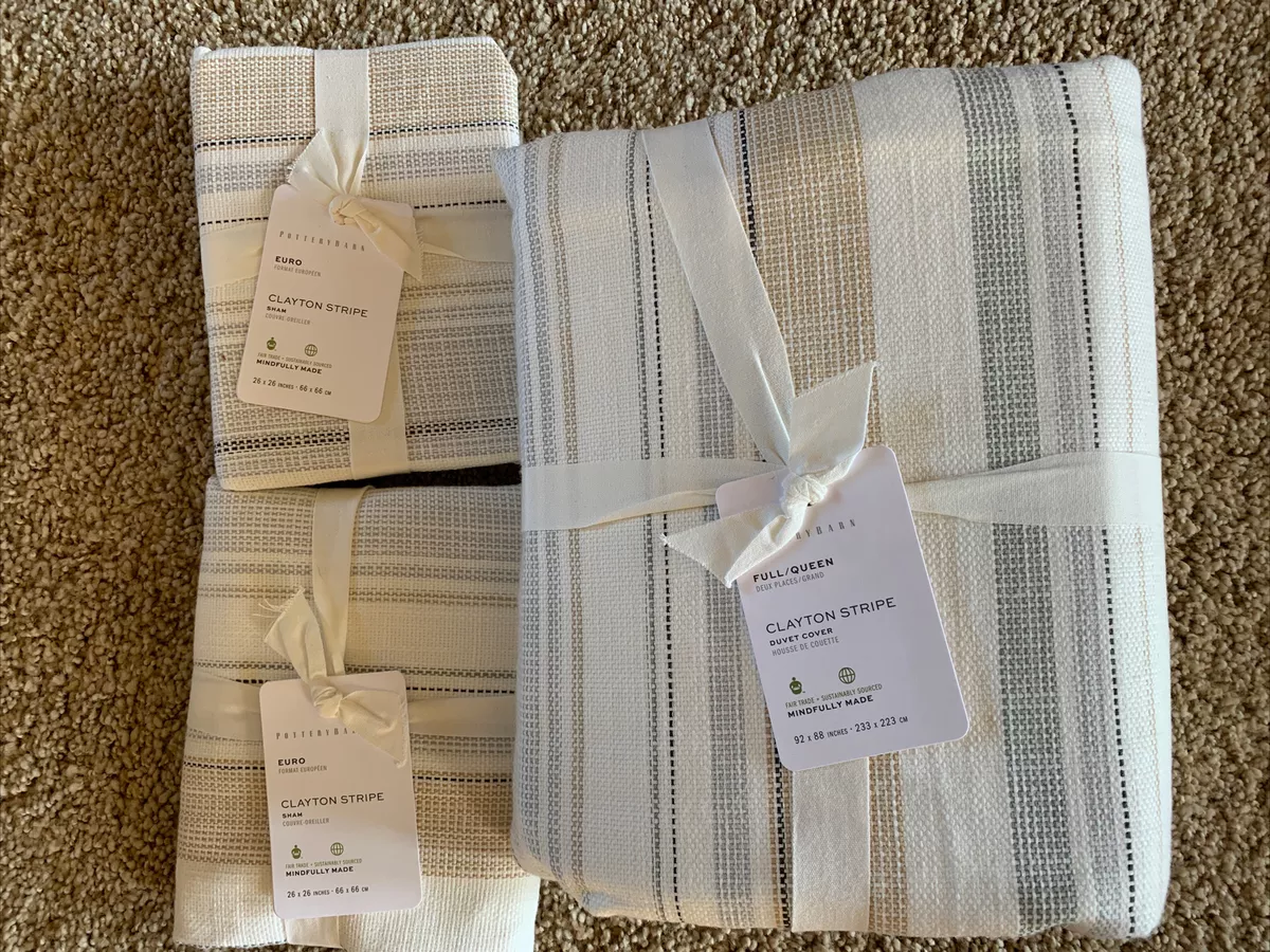 POTTERY BARN Clayton Striped FULL QUEEN Duvet 2 EURO Shams NEW