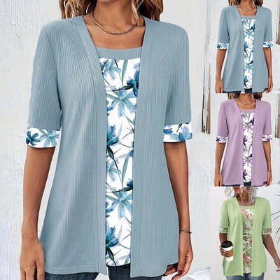 Damen Kurzarm Sommer T-Shirt Blumen Oberteile Tunika Freizeit Hemd Bluse-DE