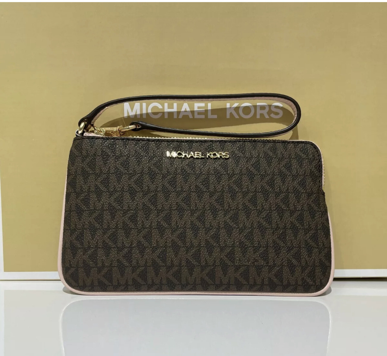 Michael Kors Jet Set Item Large Gusset Wristlet Navy MK Embossed  