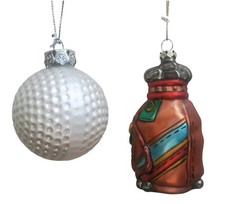 Golf Bag w Clubs Christmas Ornament Glass Golf Ball Set Lot Vintage Holiday 4"