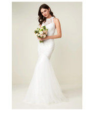 TADASHI SHOJI JANEY LACE HALTER MERMAID TULLE IVORY GOWN DRESS sz 2