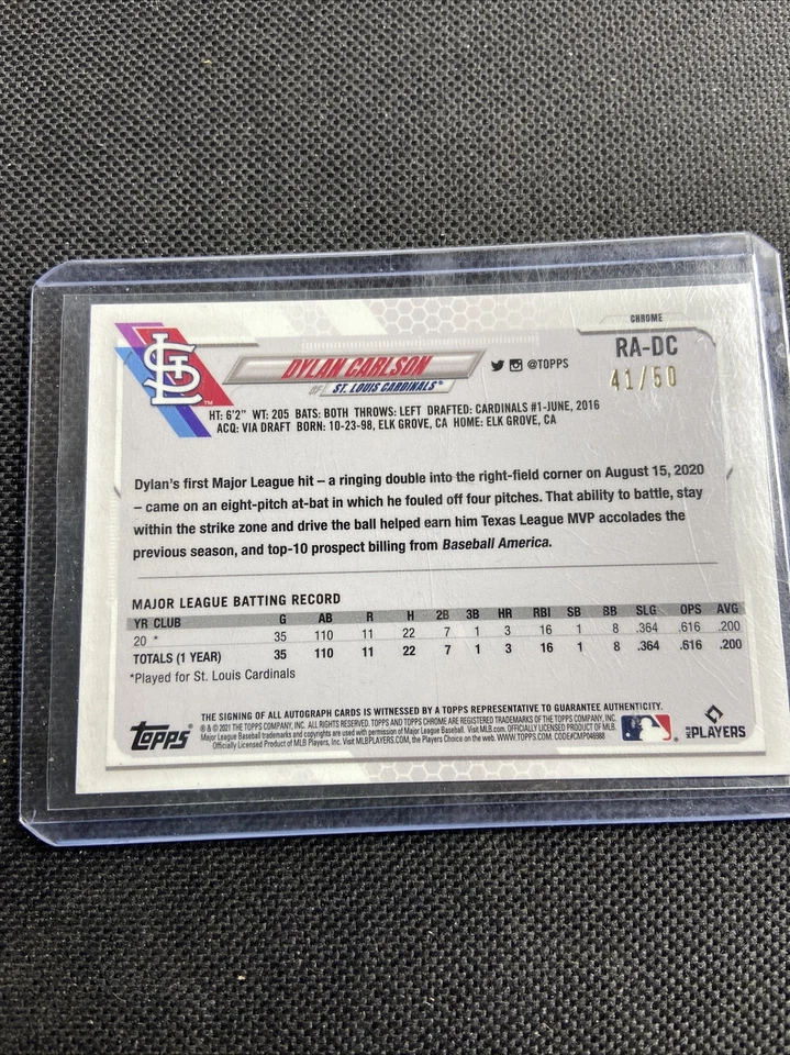 Dylan Carlson 2021 Topps Chrome Sapphire Green Rookie Auto /50 - Image 2 of 3