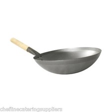 Oriental Wok 14"/36cm Round Bottom Base Stainless Iron, Wooden Handle, Stir fry