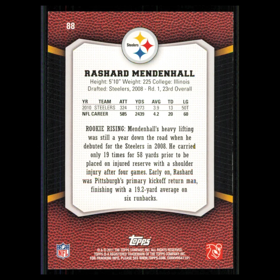 Rashard Mendenhall #88 2011 Topps Rising Rookies Pittsburgh Steelers Football NM - Image 2 of 3