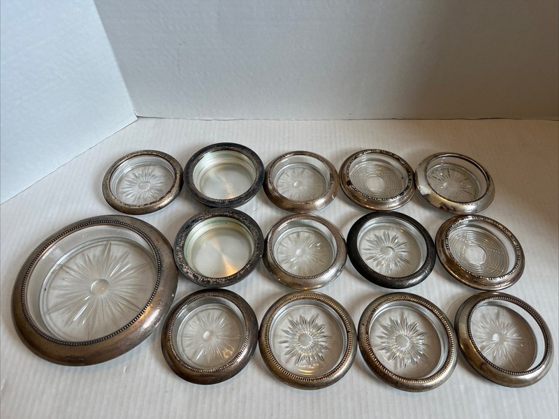 Lot of 14 Wine Bottle Coasters Glass Metal Vintage Antique