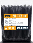 Zip Ties Black 10 Inch 1000 Pack 50 Lb, Long Plastic Cable Ties Thick 0.19 Inch