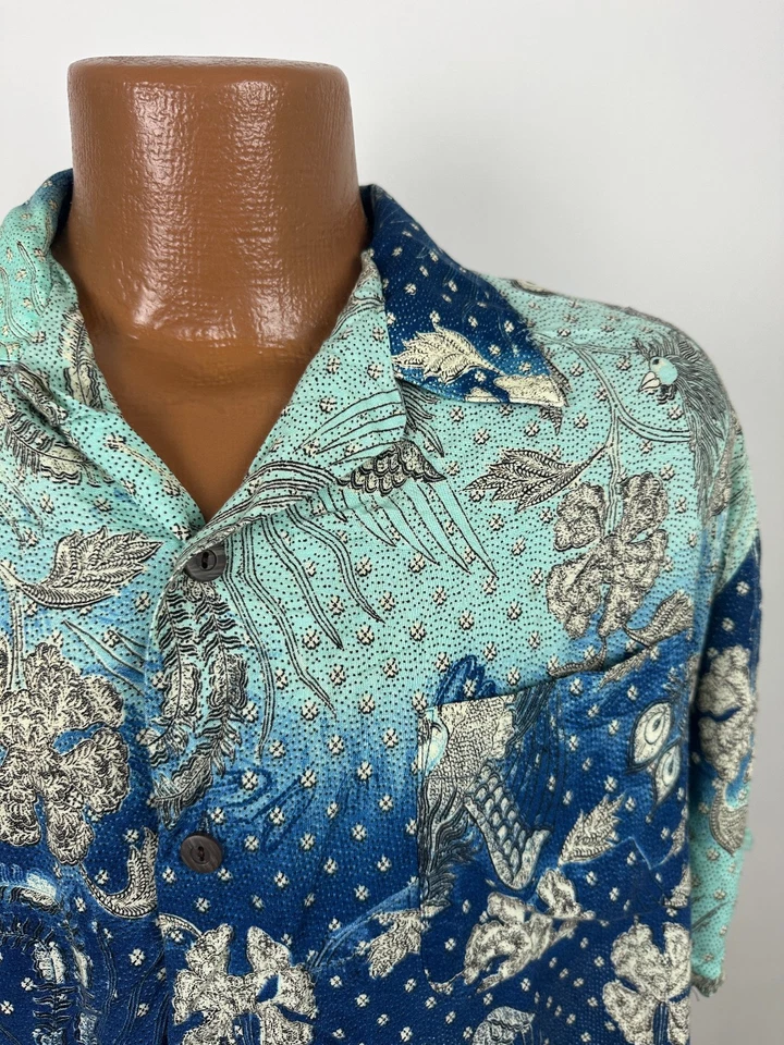 Vintage 90s Paisley Shirt Men Large Peacock Bird Floral Hawaiian Hippie Rayon - Image 2 of 4