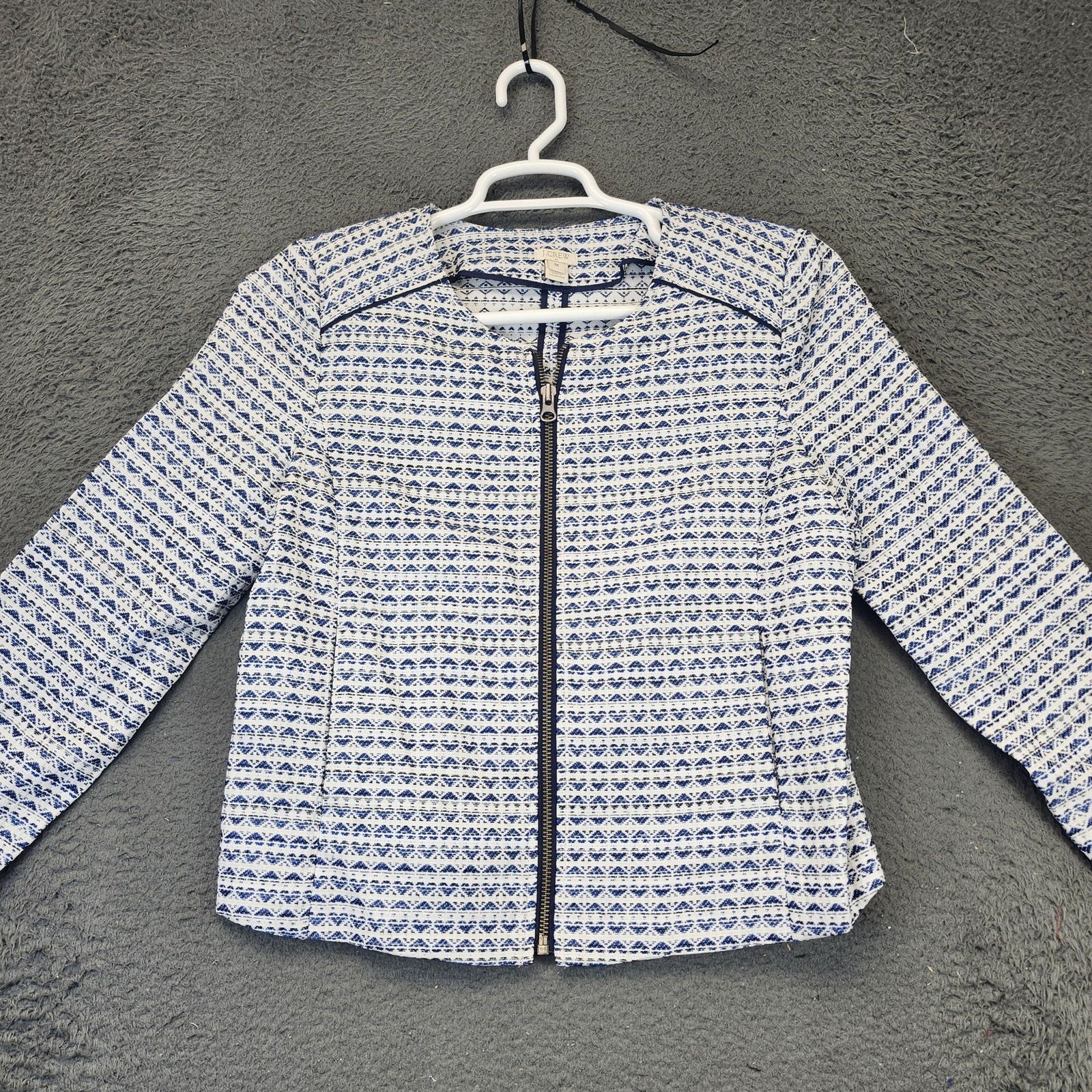 J.Crew Jacket Womens Medium Blue White Jacquard Zip Front Collarless Pockets