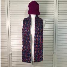 NWT Handmade Crocheted Purple Multicolor Textured Beanie Scarf 56