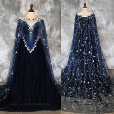 Sparkly Stars and Moon Navy Wedding Dresses with Cape V Neck Lace Bridal Gowns