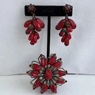Signed 3 Pcs MIRIAM HASKELL Red Bead & Silver Filigree Vintage Brooch & Earrings